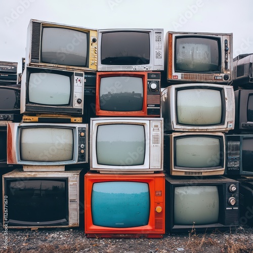 Old televisions and computer monitors stacked in a recycling facility photo