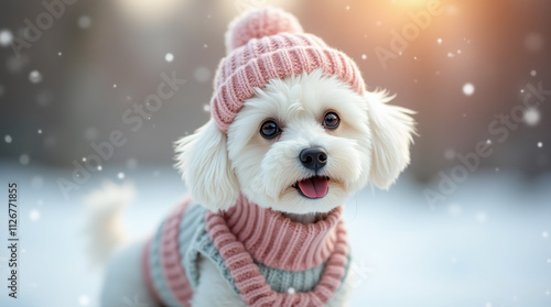 White Bichon Frisé Dog Puppy Wearing Sweater and Hat during Walk on Sunny Winter Snowy Day, Pet Clothes photo