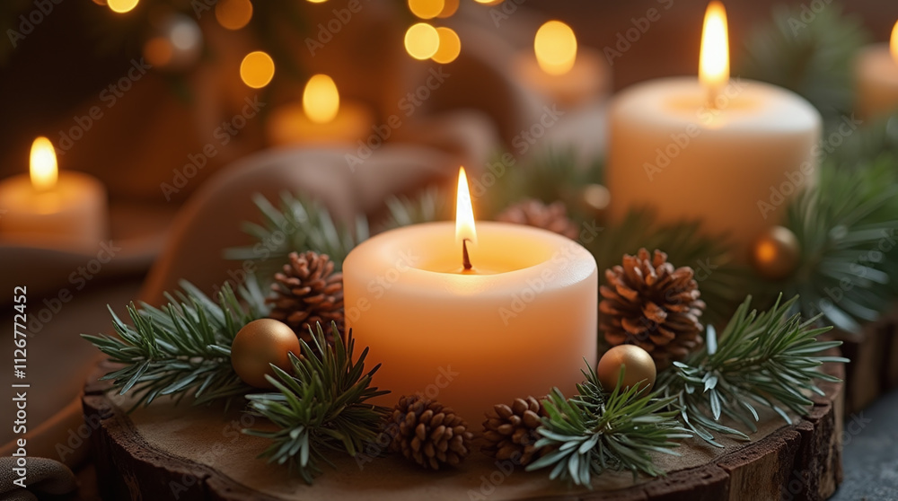 Red Advent Elegant Handmade Christmas Candle Adorned with Natural Elements Glowing against Holiday Festive Background Red Advent Elegant Handmade Christmas Candle Adorned with Natural Elements Glowing against Holiday Festive Background