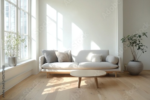 Wallpaper Mural Minimalist, photos of a modern living room with a combination of japandi interiors and Scandinavian interiors with sofa and cafe tables. Generative AI
 Torontodigital.ca