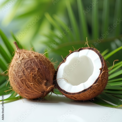 Wallpaper Mural A fresh coconut cut in half, revealing the white flesh, resting on a palm leaf. Torontodigital.ca