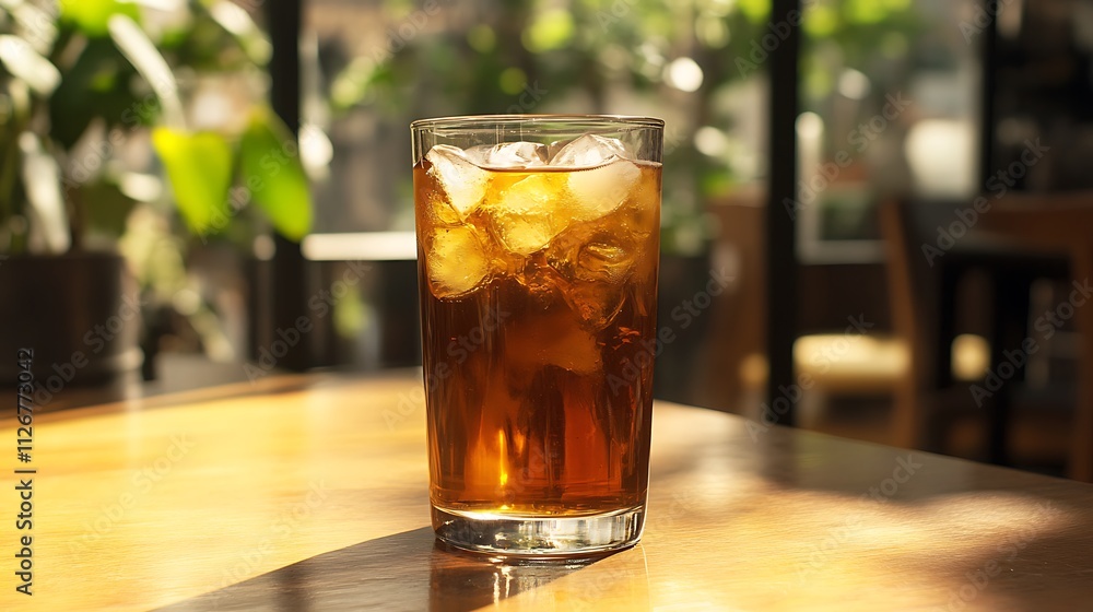 Iced tea in a glass with ice cubes on a wooden table. Iced tea in a glass with ice cubes on a wooden table.