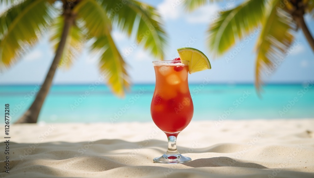 Tropical cocktail on a relaxing sandy beach featuring a palmy backdrop