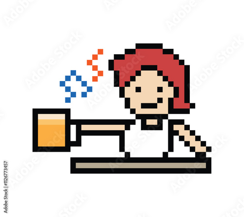 Cute pixel cartoon 8bit character man drink beer alcohol party lifestyle decoration life style 8 bit male boy drinking beer hangout isolated PNG vector.