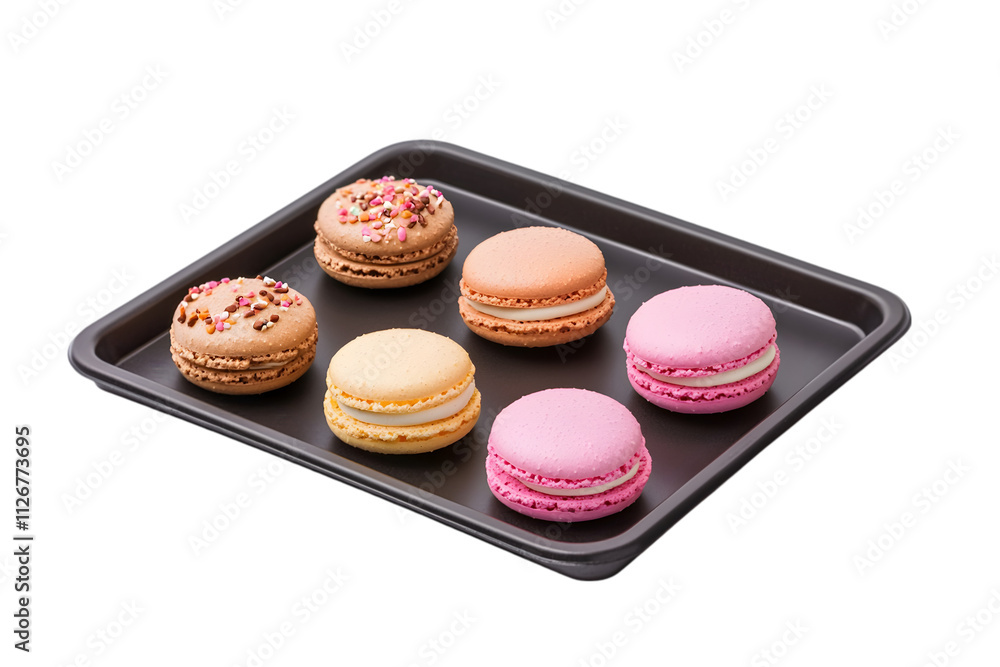 Fototapeta premium Assorted Macarons on Black Tray with Colorful Flavors Isolated on White Background