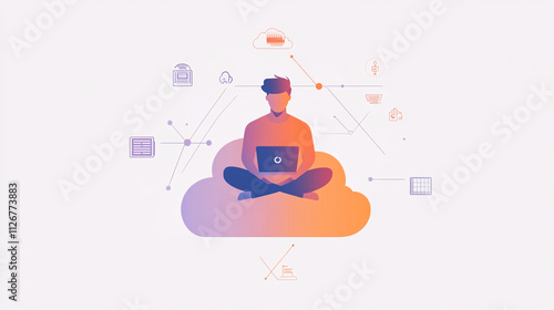 A geometric icon of an IT support agent sitting on a cloud, with minimal tech icons symbolizing cloud computing and support. 