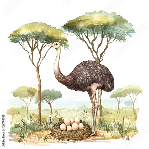 Watercolor painting of a Rhea bird standing next to its nest of eggs in an African savanna landscape.