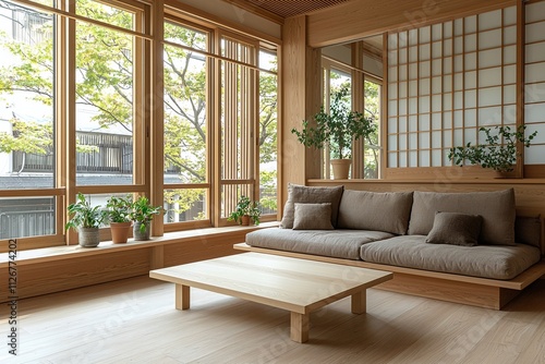 A current living room photo of a japandi interior with a sofa and cafe table and a Scandinavian interior combination. Generative AI 