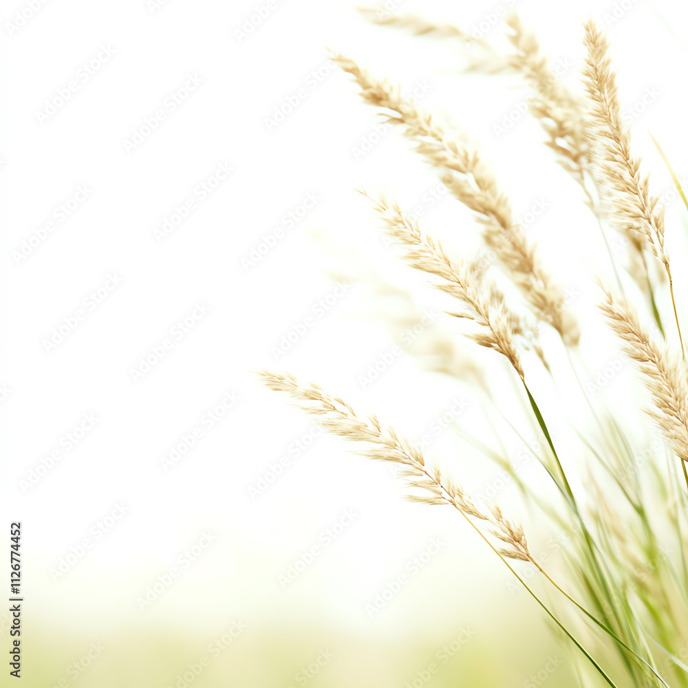 Fototapeta premium Soft golden grass swaying gently in the breeze against a bright, ethereal background.