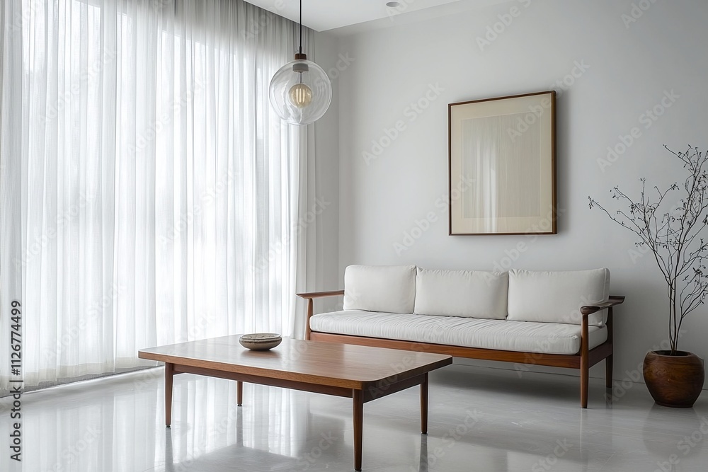 Fototapeta premium A Scandinavian-style interior in a modern living room with minimalist, white sofa and cafe table. Generative AI 