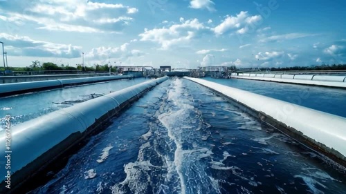Close up aerial view of sewage treatment plant. Industrial and urban water treatment for big city from drone view. fresh water distribution to the human lives and industrial use. Pumping station.