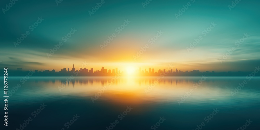 Obraz premium A serene city skyline at sunrise, reflected in calm waters under a colorful sky, creating a peaceful and picturesque landscape.
