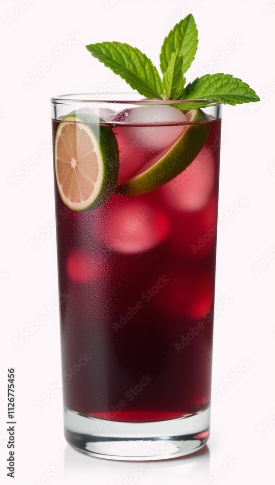 Close-up extreme front view of Merlot Mojito in a tumbler against a white backdrop Close-up extreme front view of Merlot Mojito in a tumbler against a white backdrop
