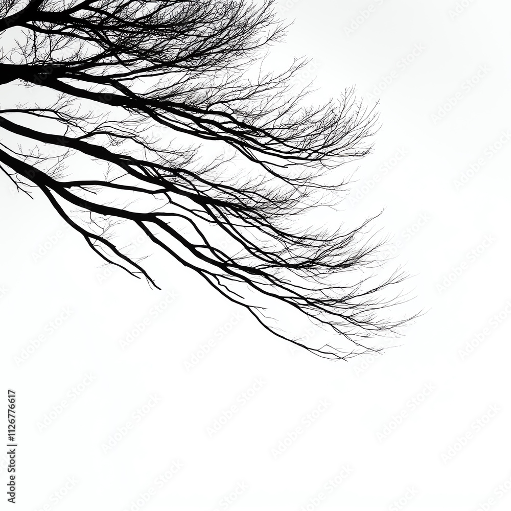 A stark silhouette of bare branches against a clear white sky, evoking solitude. A stark silhouette of bare branches against a clear white sky, evoking solitude.