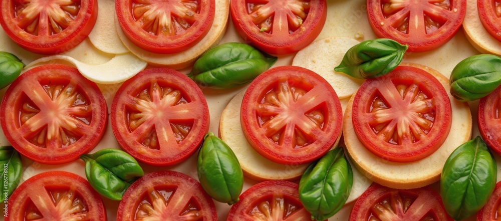 A seamless design showcasing overlapping pizza toppings tomato slices mushrooms basil A seamless design showcasing overlapping pizza toppings tomato slices mushrooms basil