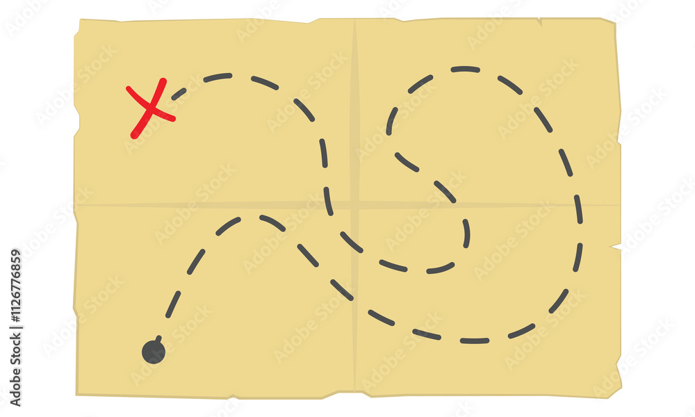 Treasure map with x marking the spot. Vector illustration isolated on white background