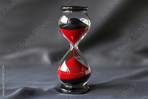 Hourglass with red and black sand, isolated on deep gray solid background, intense and dramatic look photo