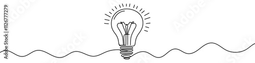 One continuous line illustration of a lightbulb, isolated on white background. Line art of lightbulb.