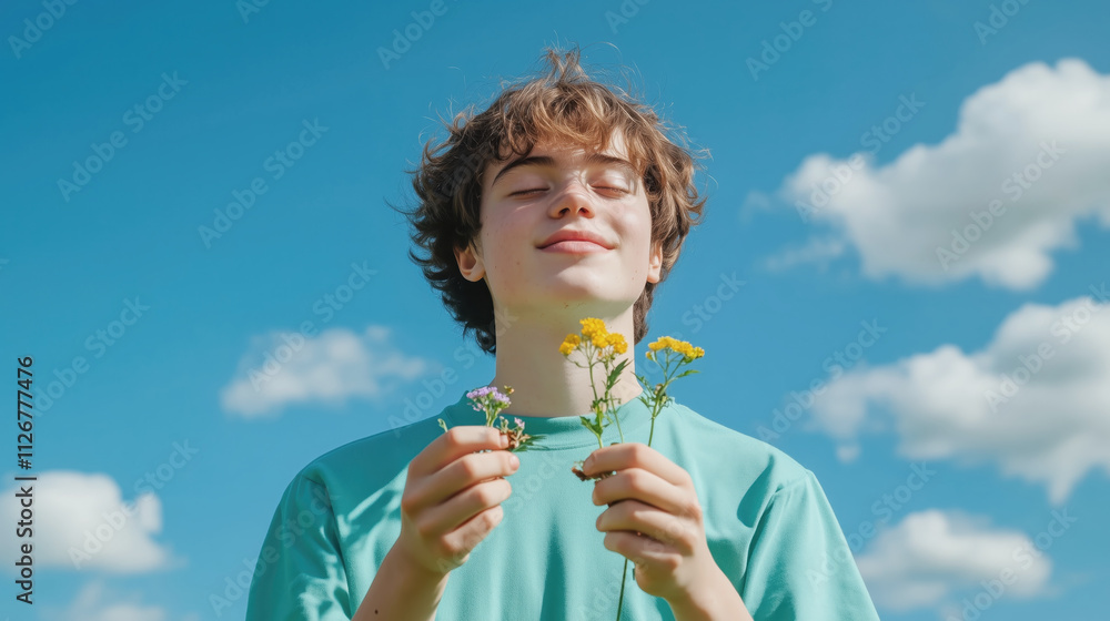 Young person enjoying nature with flowers under a blue sky Young person enjoying nature with flowers under a blue sky