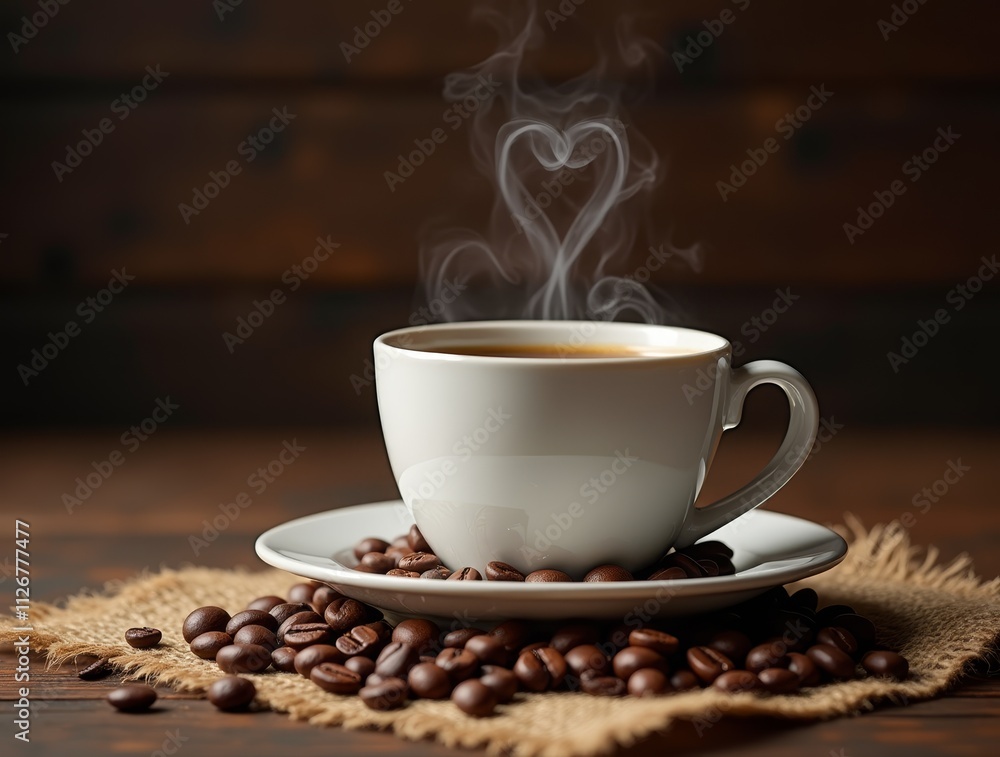 A steaming cup of coffee with a heart shaped steam rising from it A steaming cup of coffee with a heart shaped steam rising from it