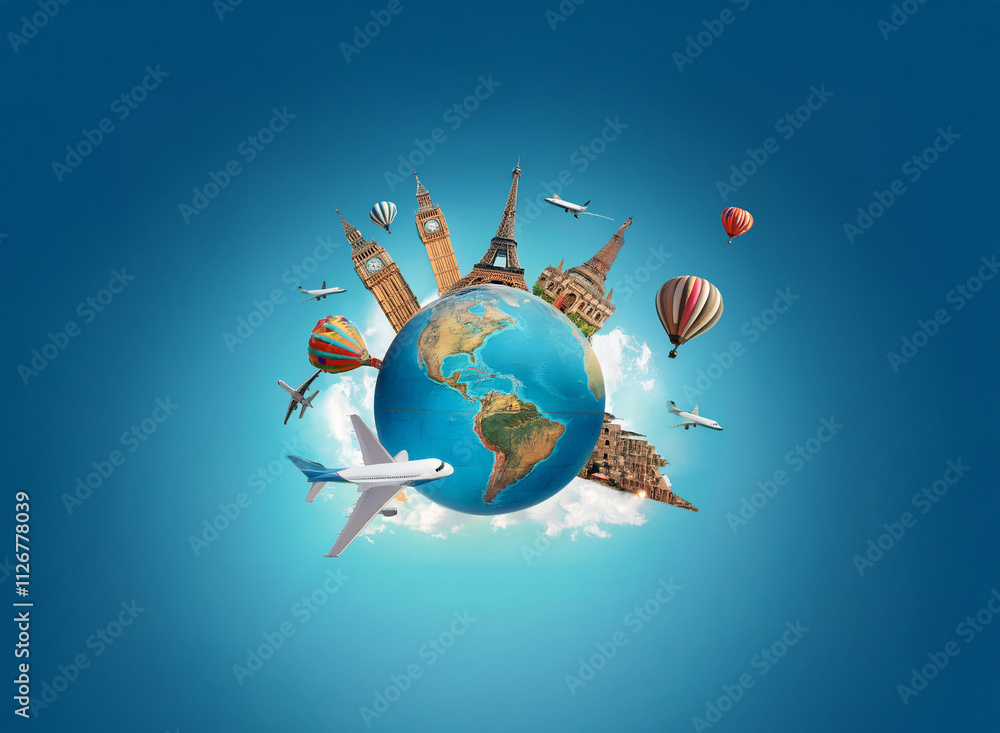 Naklejka premium A vibrant globe surrounded by iconic landmarks, airplanes, and hot air balloons, symbolizing global travel and adventure.