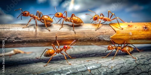 Ant Teamwork: Carrying a Log with Their Chief