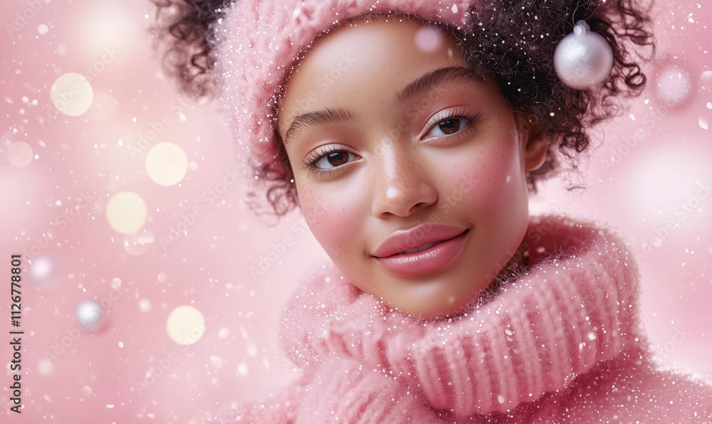 Young Woman Smiling in Pink Winter Attire and Snow Young Woman Smiling in Pink Winter Attire and Snow
