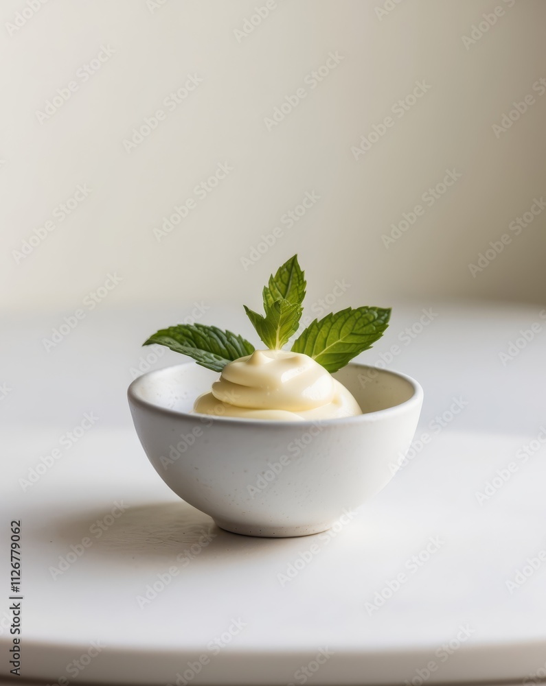 Milk yellow pudding with mint leaf accents Milk yellow pudding with mint leaf accents