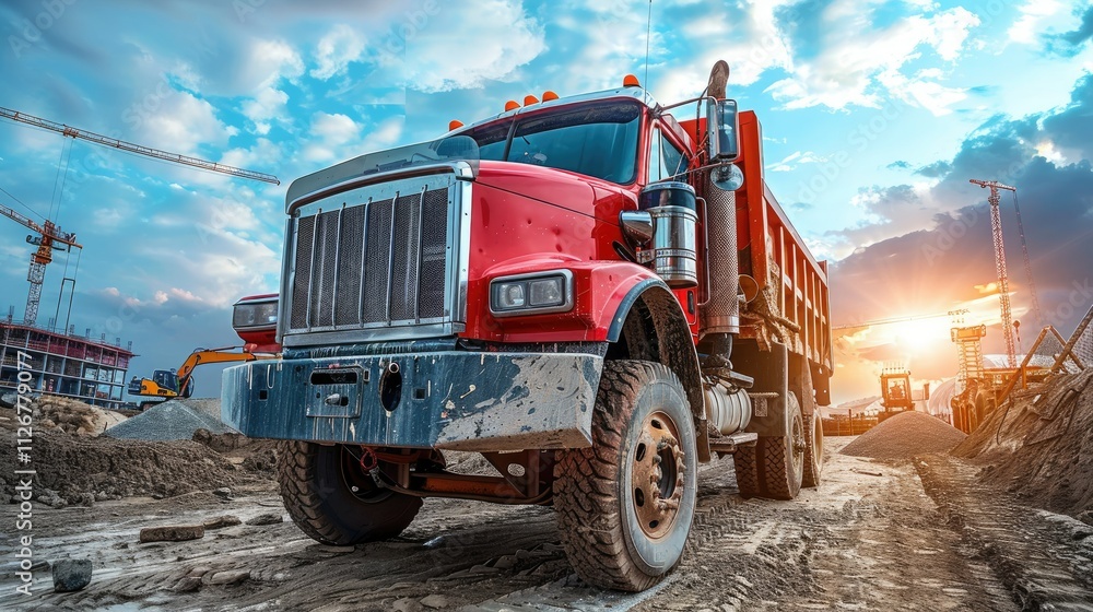Red dump truck at construction site during sunset. Red dump truck at construction site during sunset.