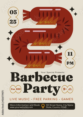 BEIGE AND BLACK RETRO BARBECUE SAUSAGE ILLUSTRATION MODERN BBQ NIGHT FLYER VECTOR