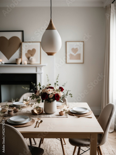 An elegant home dining table styled with simple Valentine's Day elements like fresh flowers photo