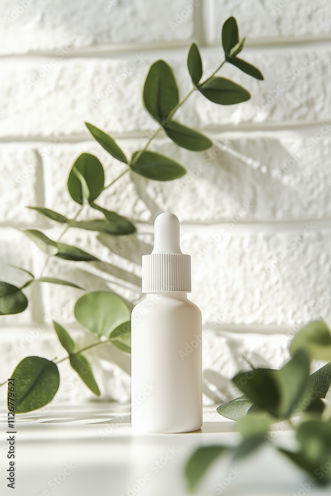 White dropper bottle placed on surface with green plants and white brick background, sunlight casting shadows White dropper bottle placed on surface with green plants and white brick background, sunlight casting shadows