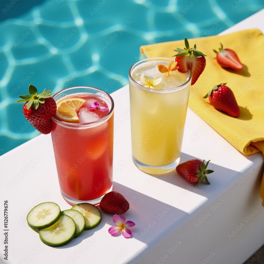 High-angle perspective showcases refreshing cucumber and strawberry cocktails by the poolside High-angle perspective showcases refreshing cucumber and strawberry cocktails by the poolside