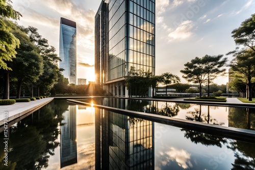 Modern Glass Skyscraper Amidst Lush Greenery and Sunset Reflections