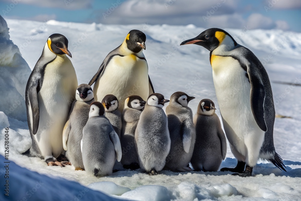 Obraz premium Adorable Group of Penguins Huddled on a Snowy Iceberg with Baby Peeking Out