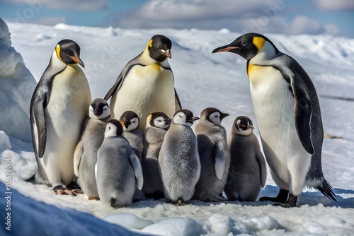 Adorable Group of Penguins Huddled on a Snowy Iceberg with Baby Peeking Out