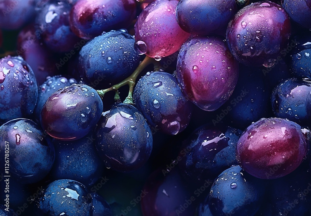 A close-up of fresh purple grapes, their deep navy blue and dark red hues glistening with water droplets. A close-up of fresh purple grapes, their deep navy blue and dark red hues glistening with water droplets.