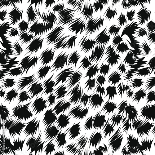 Black and white leopard fur pattern, a seamless texture for print design. High-resolution vector illustration of a fluffy feline skin with soft, organic lines