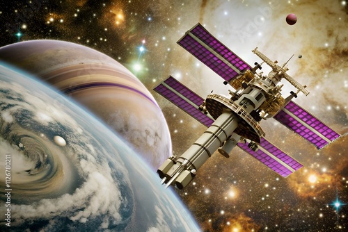 Futuristic Space Station Orbiting a Radiant Purple Planet