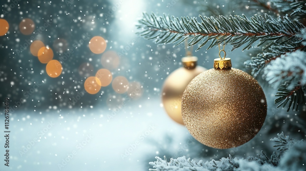 Beautiful Christmas tree background with Christmas tree branches and gold Christmas tree toys Beautiful Christmas tree background with Christmas tree branches and gold Christmas tree toys