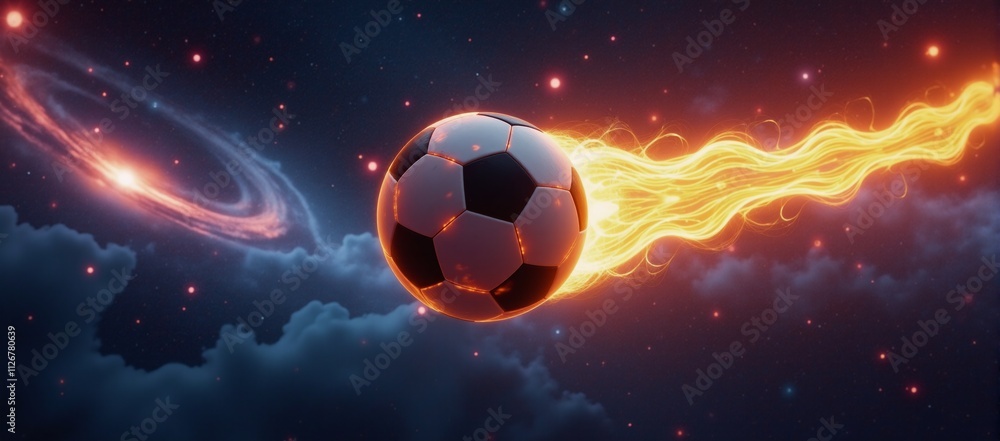 Fototapeta premium A surreal interstellar soccer game unfolds in vibrant celestial scenery with cosmic motion and astounding visuals