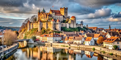 Medieval Castle on a Hilltop Overlooking a Moat and Bustling Village