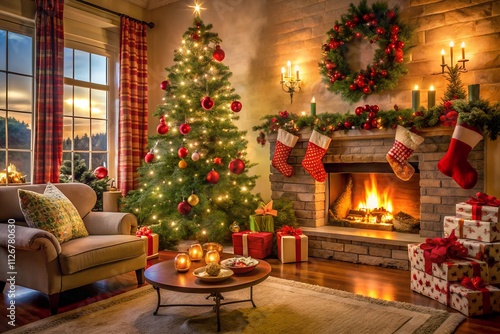 Cozy Christmas Living Room with Decorated Tree, Stockings, and Wrapped Presents