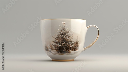 A beautifully designed cup with a detailed Christmas tree print, isolated for a clean festive look, in