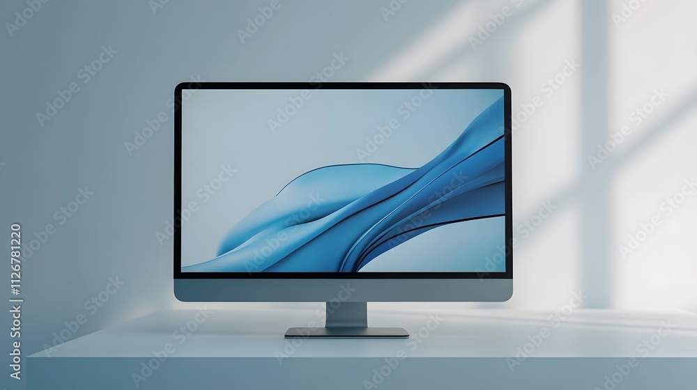 Modern Desktop Computer Displaying Blue Abstract Artwork Modern Desktop Computer Displaying Blue Abstract Artwork