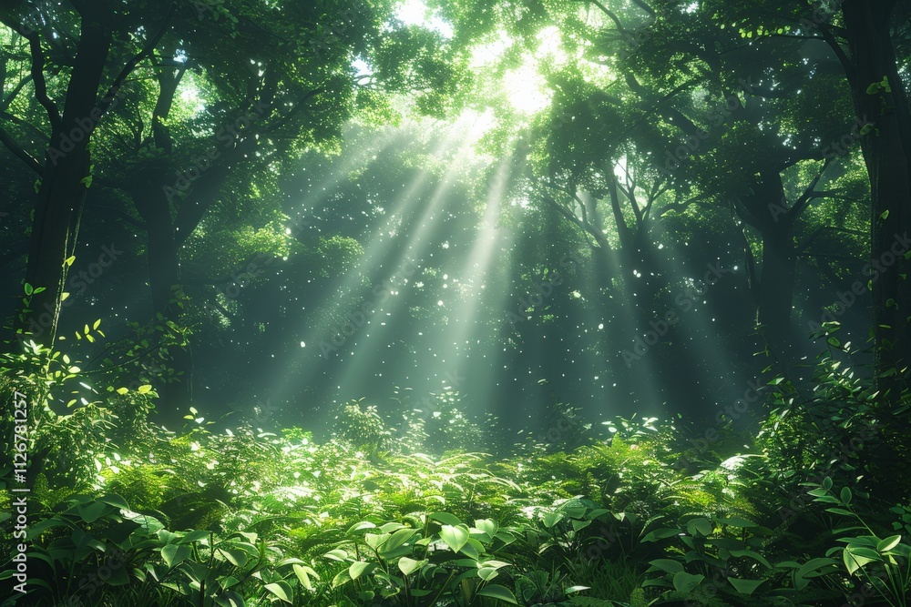 Enchanted Forest Landscape with Sunlight Rays Penetrating Lush Green Canopy Creating Magical Atmosphere in Serene Woodland Settingsunlight Enchanted Forest Landscape with Sunlight Rays Penetrating Lush Green Canopy Creating Magical Atmosphere in Serene Woodland Settingsunlight