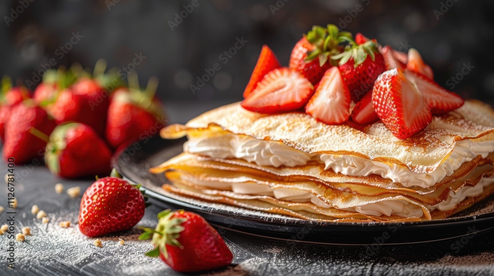 Fluffy crepes brimming with velvety ricotta, garnished with vibrant strawberries on a refined marble table Fluffy crepes brimming with velvety ricotta, garnished with vibrant strawberries on a refined marble table