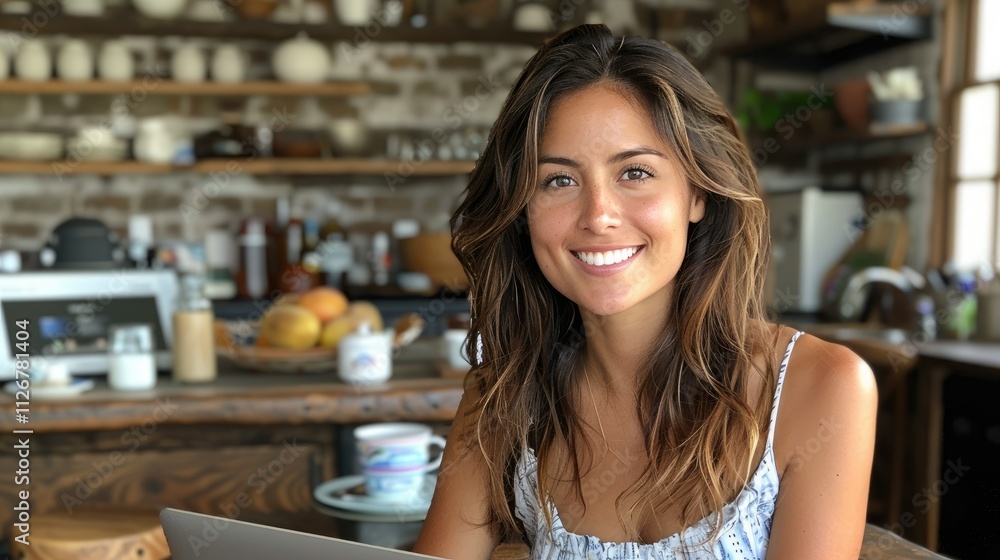 Smiling woman sits at kitchen counter with laptop. Smiling woman sits at kitchen counter with laptop.