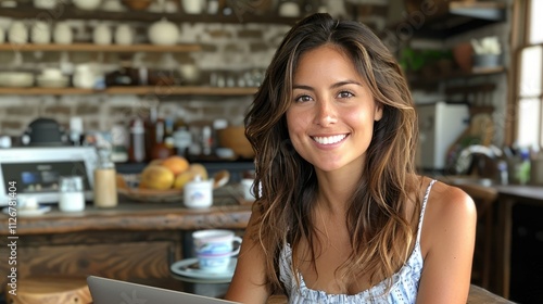 Smiling woman sits at kitchen counter with laptop.