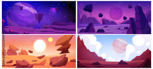 Cosmic alien game landscape, desert surface with mountains and flying rocks, fantasy space planet in the sky vector set